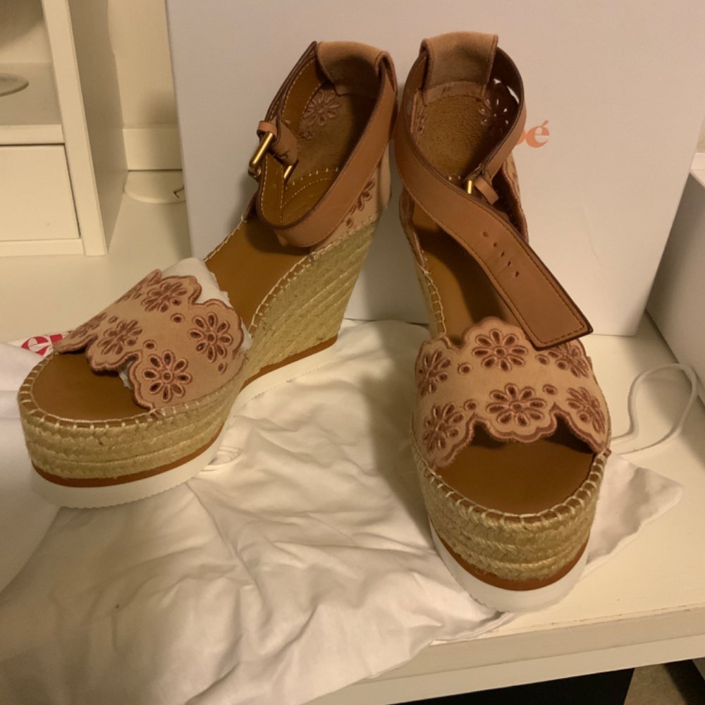 See by Chloe pink floral laser cut suede espadrille wedge, size 8 (38), nwt - Picture 2 of 5